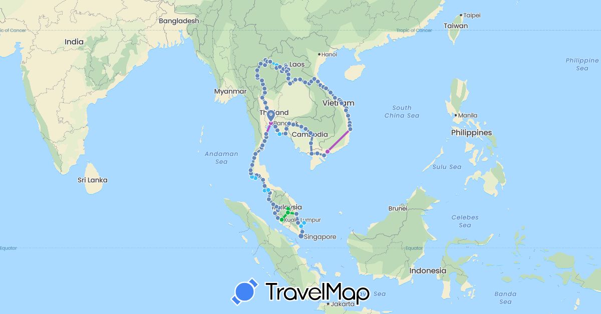 TravelMap itinerary: driving, bus, cycling, train, boat in Cambodia, Laos, Malaysia, Singapore, Thailand, Vietnam (Asia)