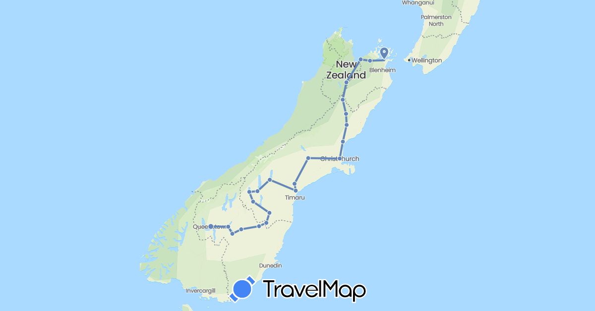 TravelMap itinerary: driving, cycling in New Zealand (Oceania)